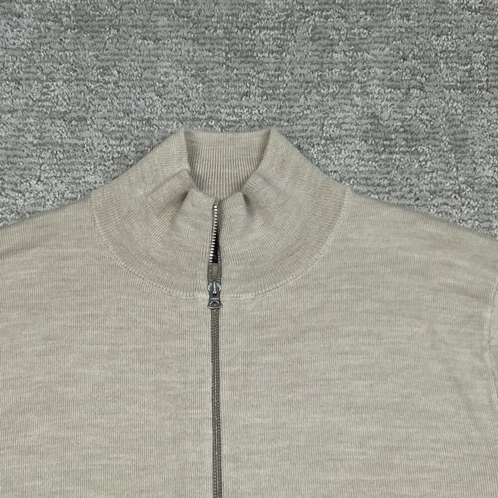 J Crew 100% Merino Wool Full Zip Sweater Mens Large Beige Preppy Pockets